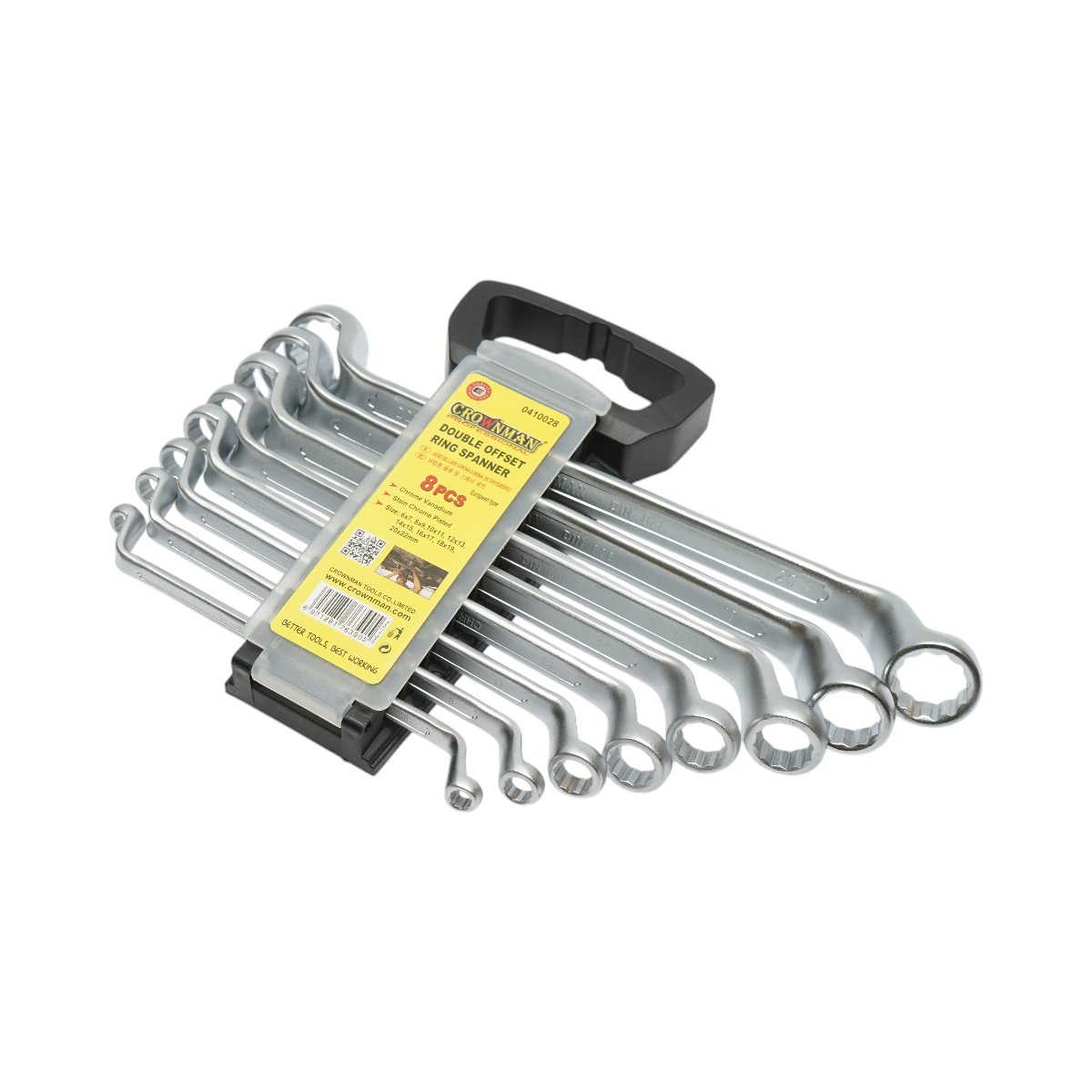 Set 8 chei inelare cotite in suport cu clema 6-22mm Cr-V Crownman